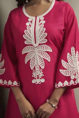 Women's pink cotton blend floral embroidered co-ord set with straight top & solid pants 4