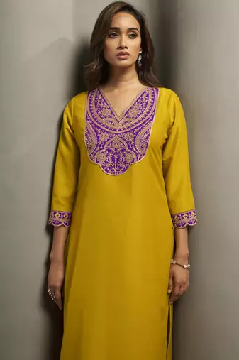 Yellow chinon embroidered sequins work ethnic kurta set with matching dupatta