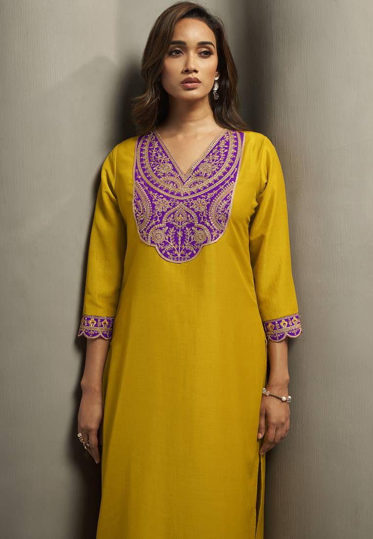 Yellow chinon embroidered sequins work ethnic kurta set with matching dupatta