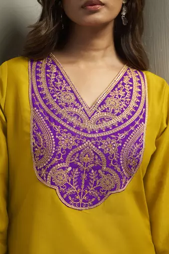 Yellow chinon embroidered sequins work ethnic kurta set with matching dupatta