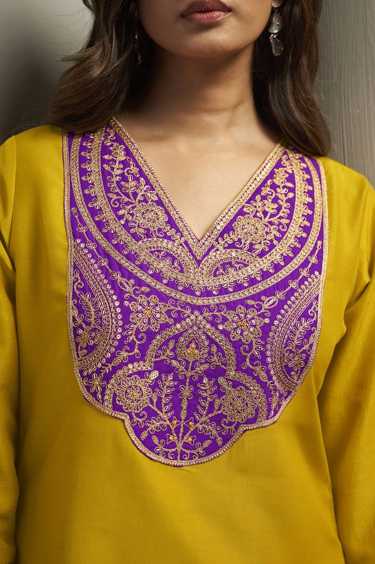 Yellow chinon embroidered sequins work ethnic kurta set with matching dupatta
