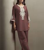 Women's coffee cotton blend floral embroidered co-ord set with straight top & solid pants