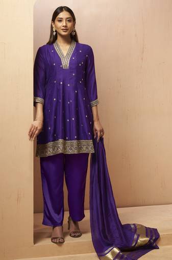 Purple silk blend embroidered sequins work ethnic kurta set with matching dupatta