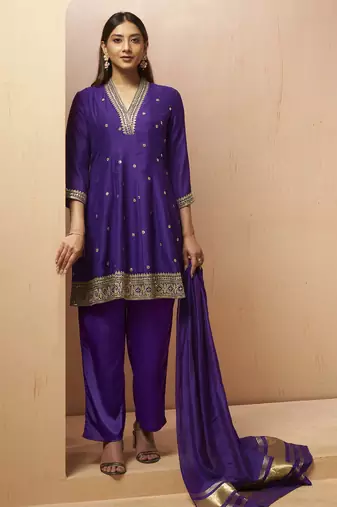 Purple silk blend embroidered sequins work ethnic kurta set with matching dupatta