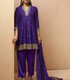 Purple silk blend embroidered sequins work ethnic kurta set with matching dupatta
