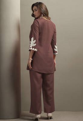 Women's coffee cotton blend floral embroidered co-ord set with straight top & solid pants 2