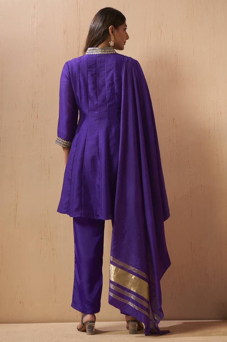 Purple silk blend embroidered sequins work ethnic kurta set with matching dupatta