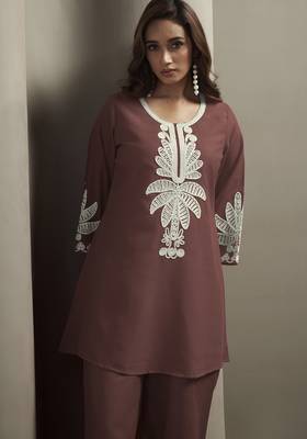Women's coffee cotton blend floral embroidered co-ord set with straight top & solid pants 4