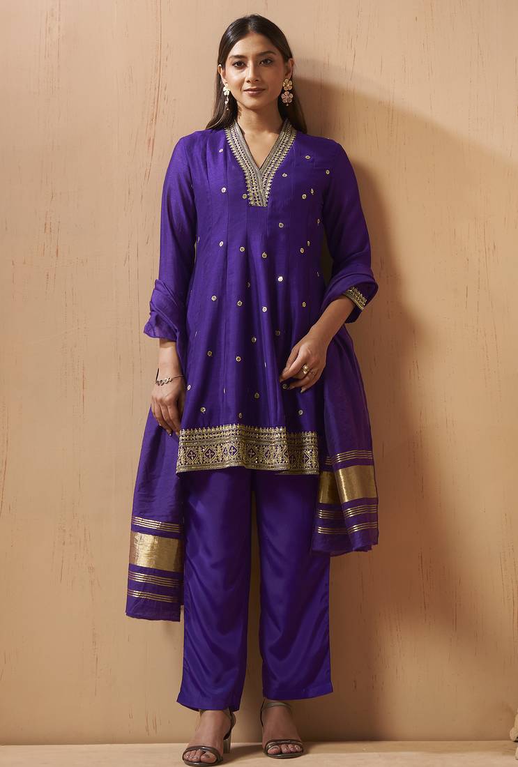 Purple silk blend embroidered sequins work ethnic kurta set with matching dupatta