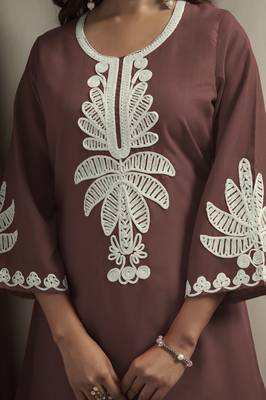 Women's coffee cotton blend floral embroidered co-ord set with straight top & solid pants 5