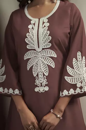 Women's coffee cotton blend floral embroidered co-ord set with straight top & solid pants