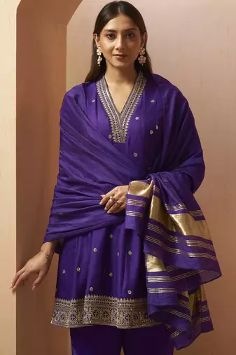 Purple silk blend embroidered sequins work ethnic kurta set with matching dupatta