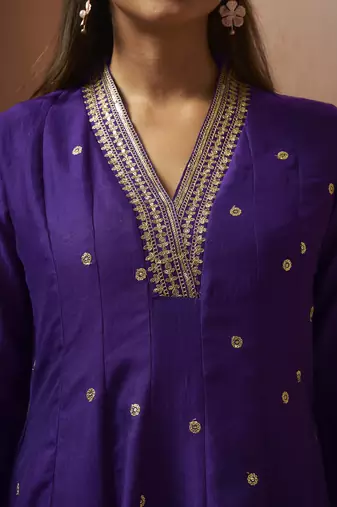 Purple silk blend embroidered sequins work ethnic kurta set with matching dupatta