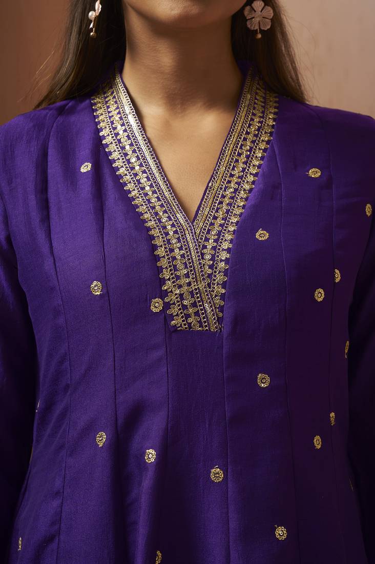 Purple silk blend embroidered sequins work ethnic kurta set with matching dupatta