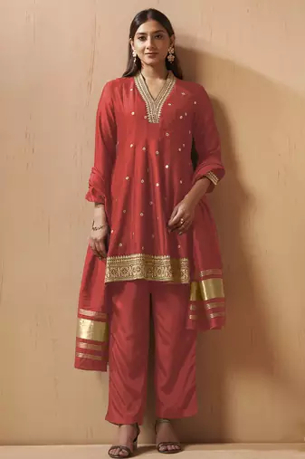 Red silk blend embroidered sequins work ethnic kurta set with matching dupatta