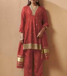 Red silk blend embroidered sequins work ethnic kurta set with matching dupatta