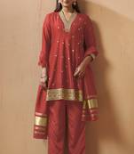 Red silk blend embroidered sequins work ethnic kurta set with matching dupatta