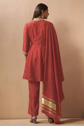 Red silk blend embroidered sequins work ethnic kurta set with matching dupatta