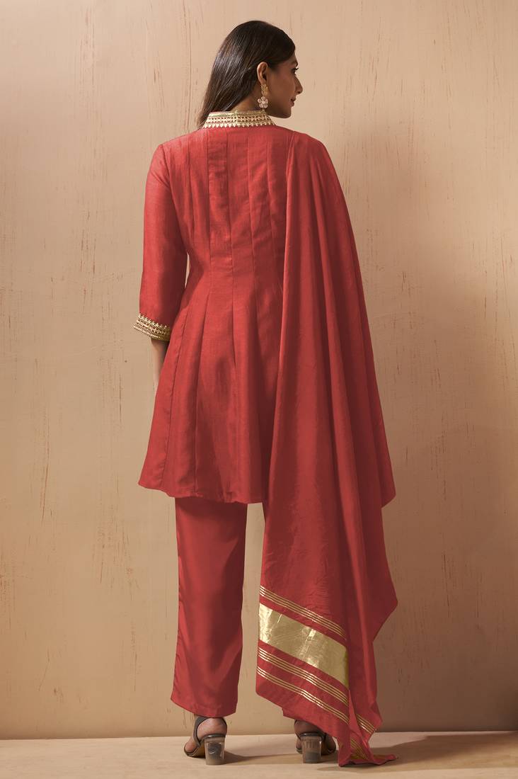 Red silk blend embroidered sequins work ethnic kurta set with matching dupatta