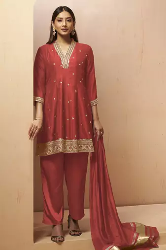 Red silk blend embroidered sequins work ethnic kurta set with matching dupatta