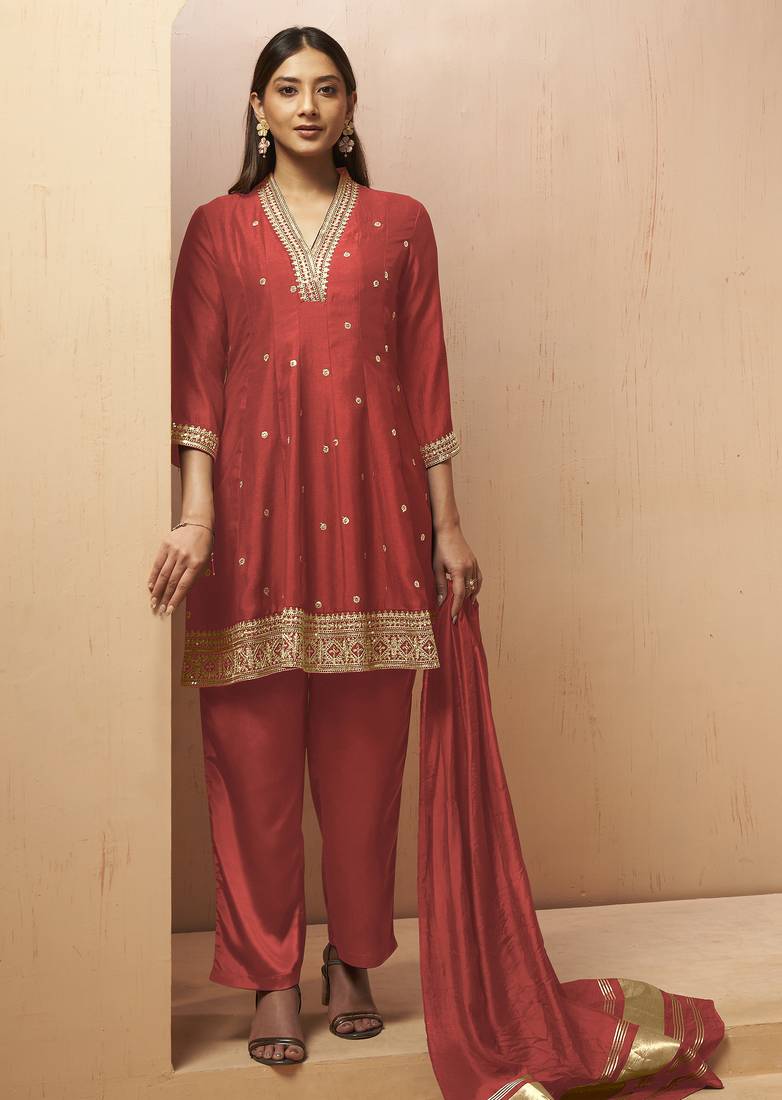 Red silk blend embroidered sequins work ethnic kurta set with matching dupatta