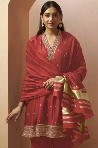 Red silk blend embroidered sequins work ethnic kurta set with matching dupatta