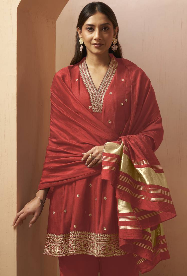Red silk blend embroidered sequins work ethnic kurta set with matching dupatta