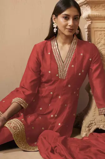Red silk blend embroidered sequins work ethnic kurta set with matching dupatta