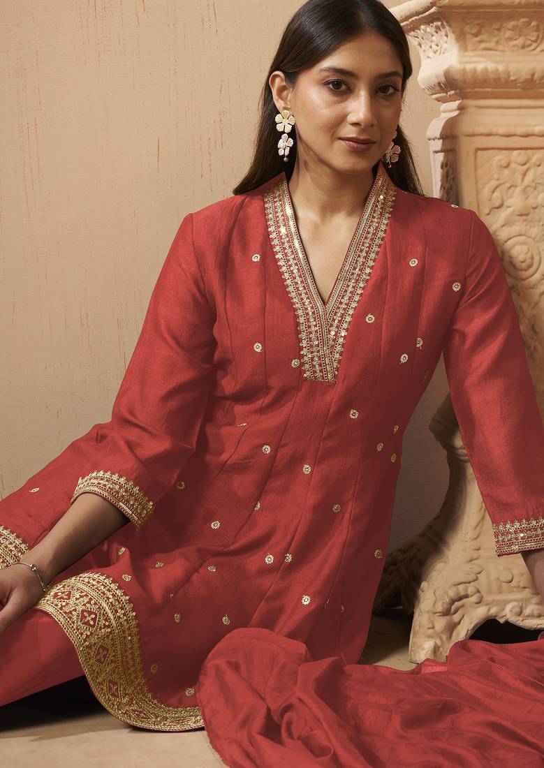 Red silk blend embroidered sequins work ethnic kurta set with matching dupatta