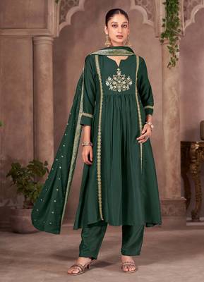 Green chinon embroidered sequins work ethnic kurta set with matching dupatta 1