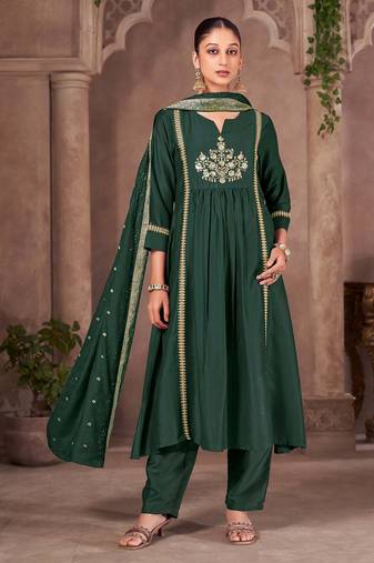 Green chinon embroidered sequins work ethnic kurta set with matching dupatta