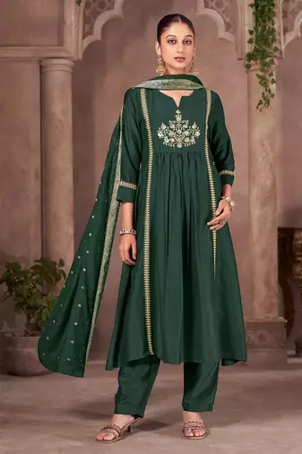 Green chinon embroidered sequins work ethnic kurta set with matching dupatta