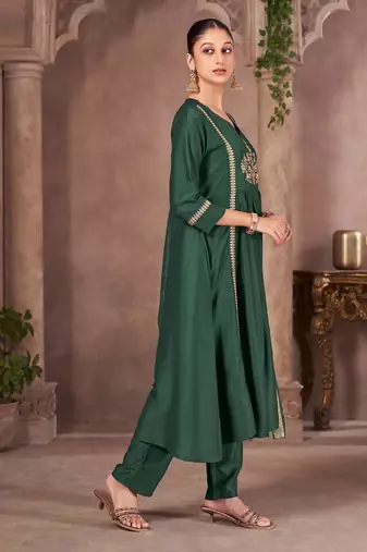 Green chinon embroidered sequins work ethnic kurta set with matching dupatta