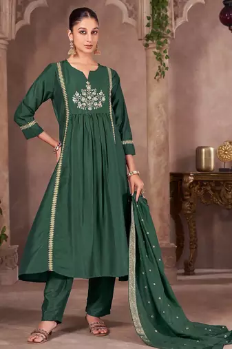 Green chinon embroidered sequins work ethnic kurta set with matching dupatta