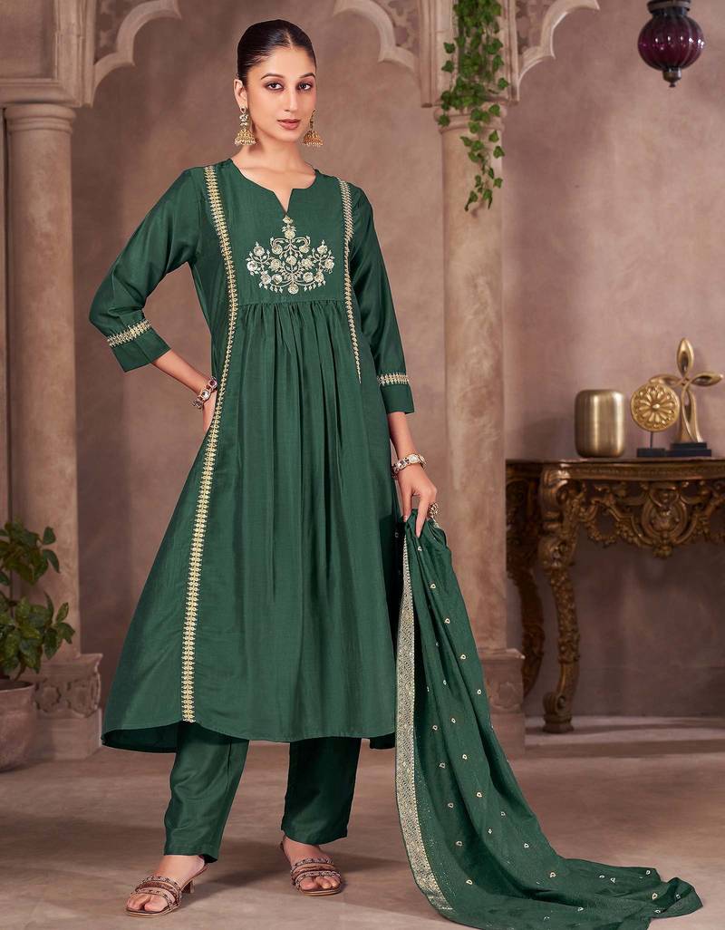 Green chinon embroidered sequins work ethnic kurta set with matching dupatta