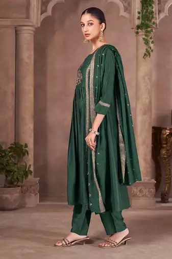 Green chinon embroidered sequins work ethnic kurta set with matching dupatta