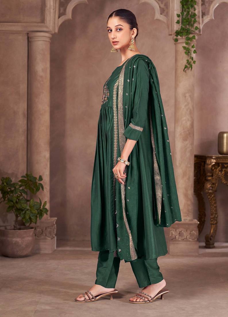 Green chinon embroidered sequins work ethnic kurta set with matching dupatta