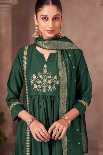 Green chinon embroidered sequins work ethnic kurta set with matching dupatta