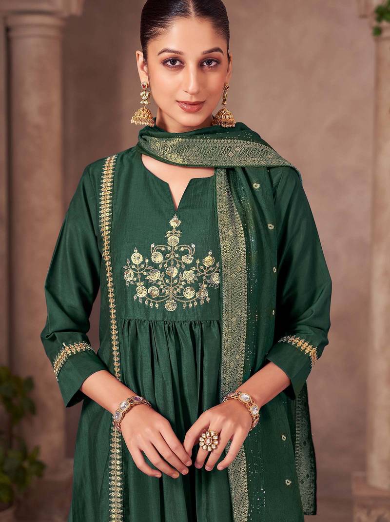 Green chinon embroidered sequins work ethnic kurta set with matching dupatta