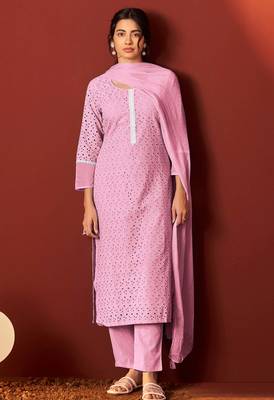 Pink pure cotton embroidered chikankari ethnic kurta set with matching dupatta 1