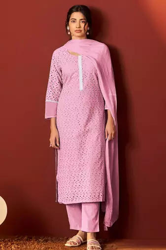 Pink pure cotton embroidered chikankari ethnic kurta set with matching dupatta
