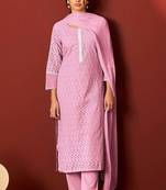 Pink pure cotton embroidered chikankari ethnic kurta set with matching dupatta