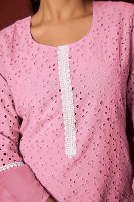 Pink pure cotton embroidered chikankari ethnic kurta set with matching dupatta 2