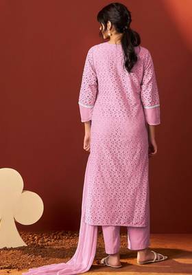 Pink pure cotton embroidered chikankari ethnic kurta set with matching dupatta 3
