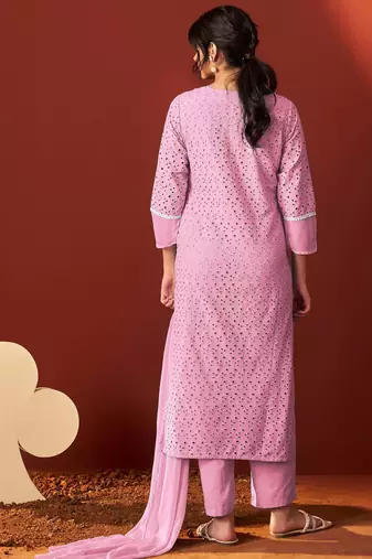 Pink pure cotton embroidered chikankari ethnic kurta set with matching dupatta