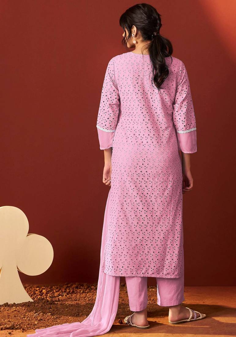 Pink pure cotton embroidered chikankari ethnic kurta set with matching dupatta