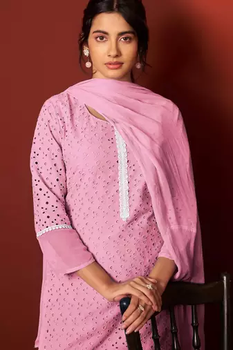 Pink pure cotton embroidered chikankari ethnic kurta set with matching dupatta