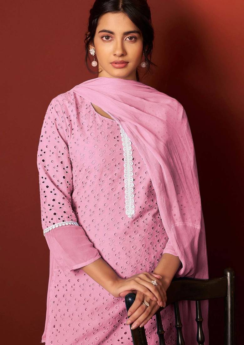 Pink pure cotton embroidered chikankari ethnic kurta set with matching dupatta