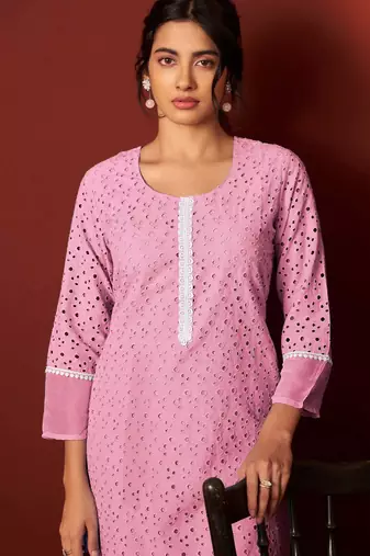 Pink pure cotton embroidered chikankari ethnic kurta set with matching dupatta