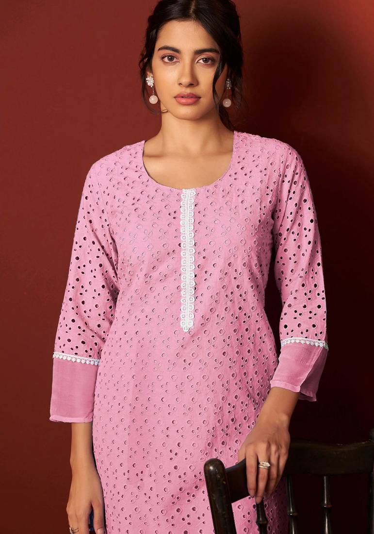 Pink pure cotton embroidered chikankari ethnic kurta set with matching dupatta